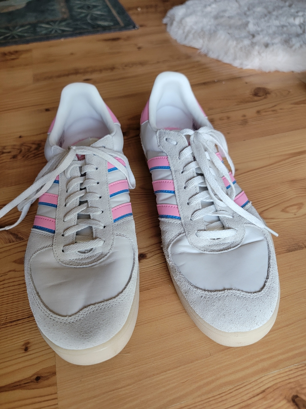 adidas Women's White Sneakers with Pink & Blue Stripes